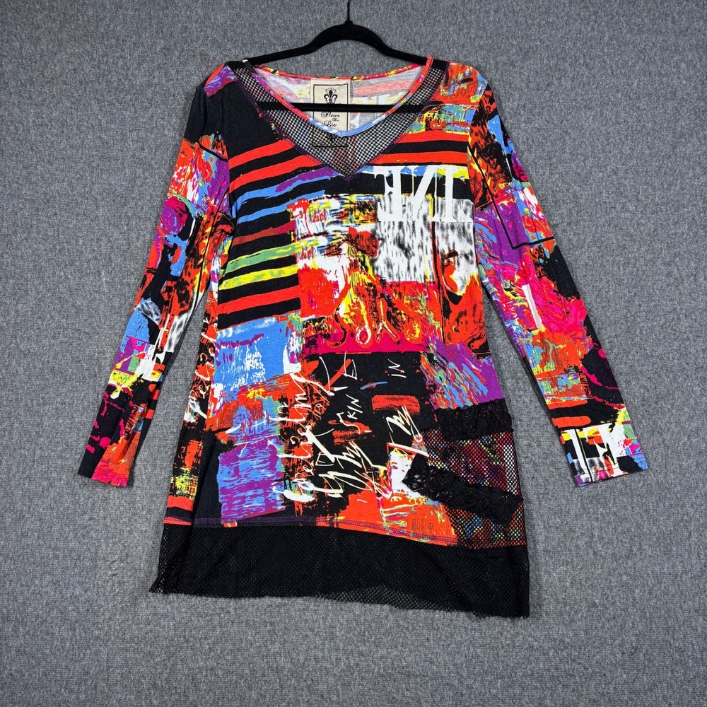 Fleur De Lis Abstract Graffiti Mesh V-Neck Tunic Top Multi Color Long Sleeve M
